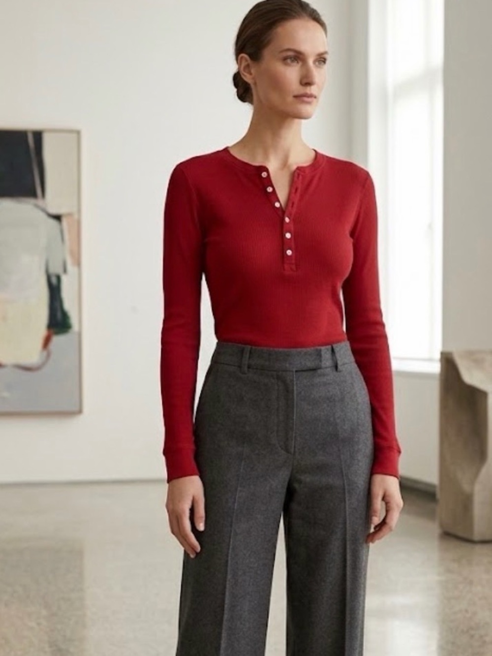 Ralph Lauren Red Ribbed Henley Long Sleeve Top